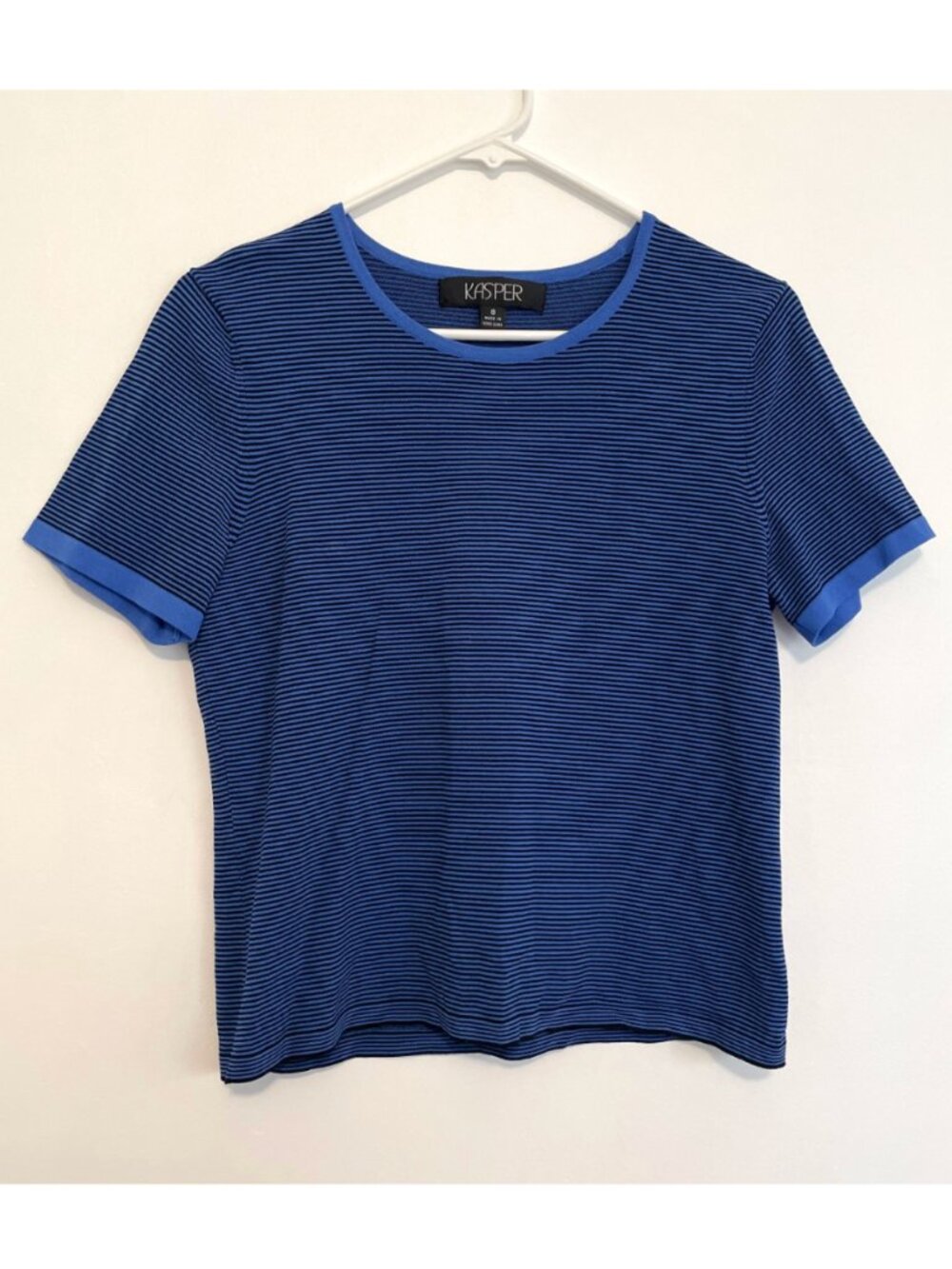KASPER Blue Black Horizontal Striped Short Sleeve Office Preppy Knit Sweater Top